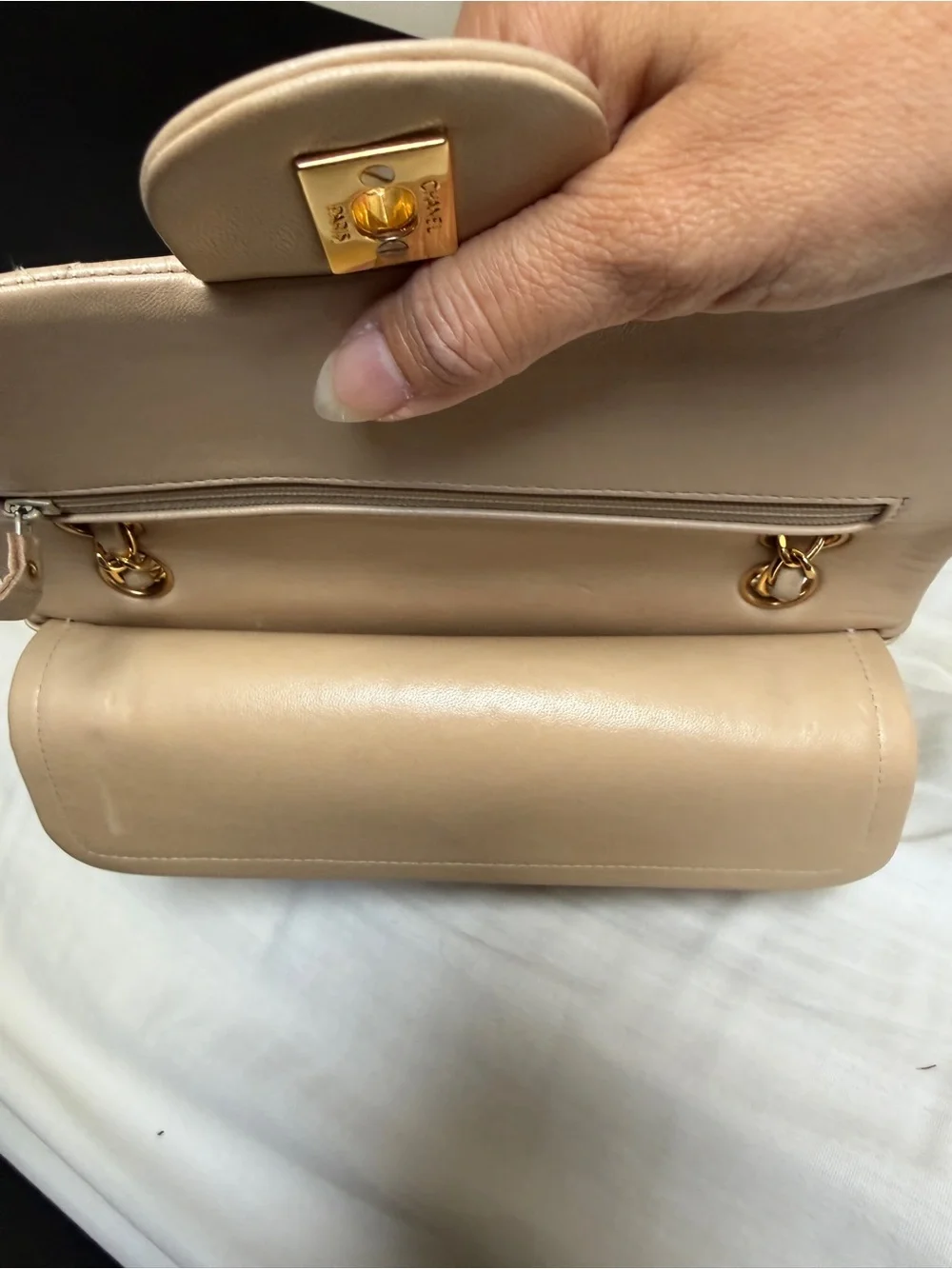 VIntage CHANEL Quilted Double Flap Shoulder Bag in Beige with Gold Hardware